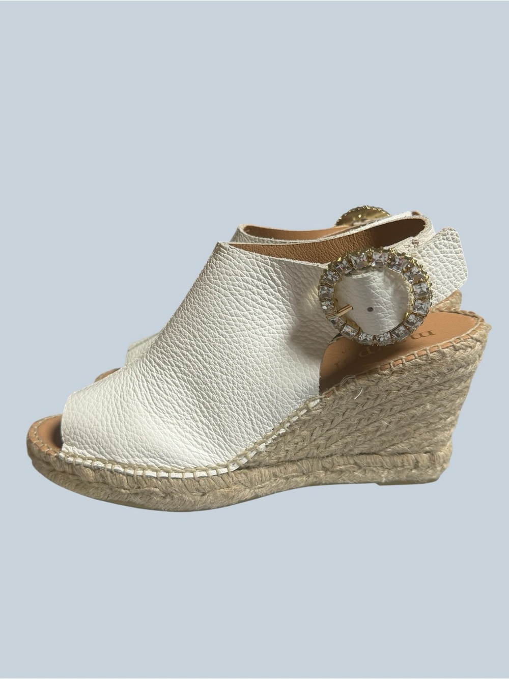 Maypol Made in Spain White Espadrille Wedge Sandals with Rhinestone Buckle - Picture 13 of 16